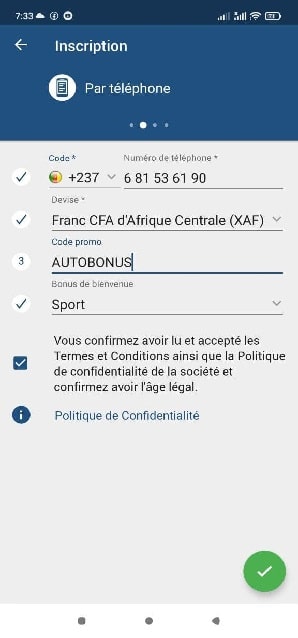 1XBET: inscription par téléphone